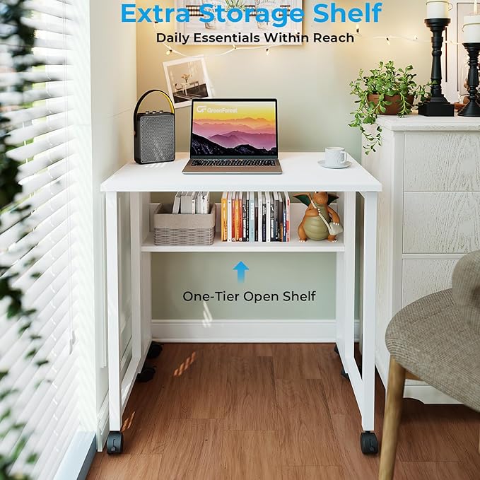 GreenForest Folding Desk Small Rolling Desk with Storage Shelf, 31.5 inch Foldable Computer Desk with Wheels for Small Space, Easy Assembly,Pure White