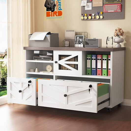 Semoic White Lateral File Cabinet with Lock, 2 Drawer Rolling Filing Cabinet for Home Office, Mobile Storage Cabinet with Open Shelves & Sliding Door, Fits Legal/Letter/A4 Files, Herringbone Design