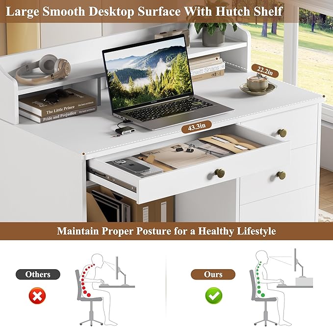 TTVIEW Computer Desk with Drawers and Hutch Shelf, Wood Executive Desk Writing Study Table with 43” Wide Tabletop, Small Desk with File Drawer for Home Office Bedroom, White