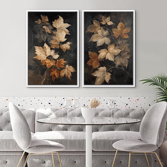 SIGNWIN Framed Canvas Print Wall Art Set Golden Brown Botanical Leaves Vintage Nature Illustrations Modern Art Minimal Boho Relax/Calm for Living Room, Bedroom, Office - 16"x24"x2 White