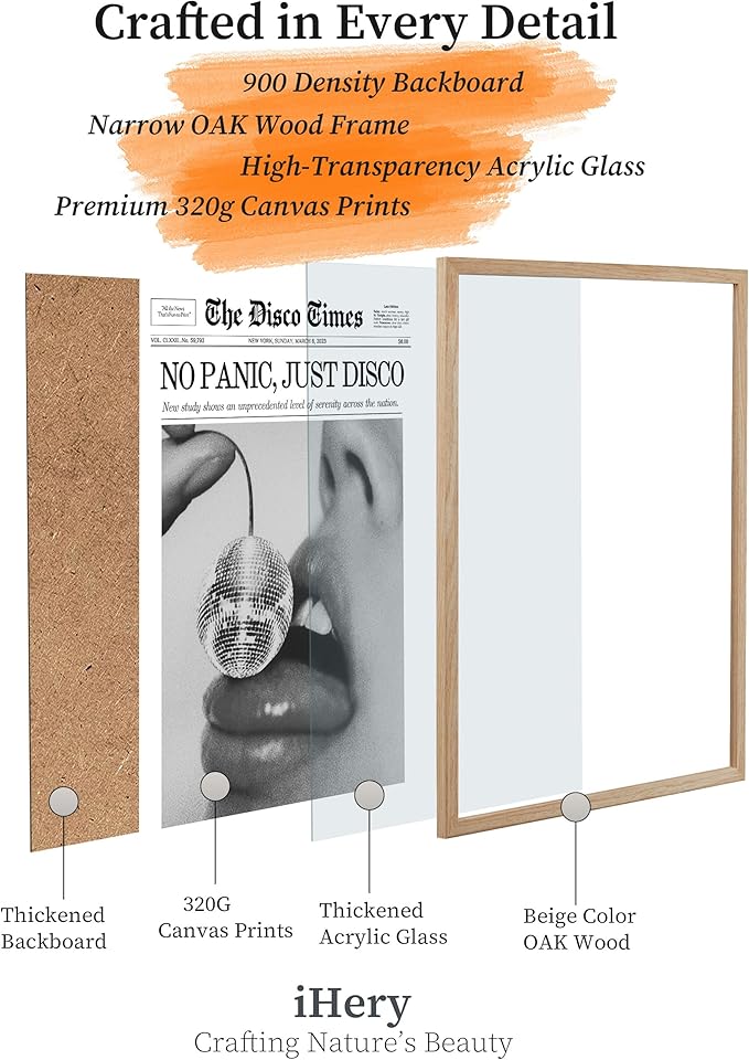 iHery No Panic Just Disco Framed Trendy NewsPaper Wall Art,Beige OAK Wood 12x16in Canvas Bedroom Wall Art, Cherry Disco Ball Headline Poster,Magazine Wall Decor For Dorm Living Room Home 1Pack