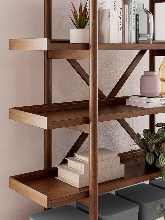 Signature Design by Ashley Lyncott Mid-Century Modern Freestanding 5-Tier 70" Etagere Bookcase, Light Brown