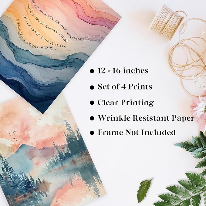 Inhale Exhale Mental Health Wall Art Prints Set of 4, Therapy Office Decor, Watercolor Abstract Prints for Wall Decor, Calming Breathe Poster for Therapy Counselling Room 12”x16” Unframed