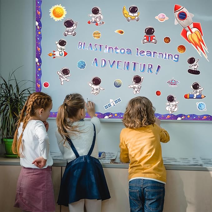 Pajean Space Bulletin Board Outer Space Classroom Decorations Blast into a Learning Adventure Cutouts for Back to School First Day Window Door Wall Elementary Preschool Teacher Supplies