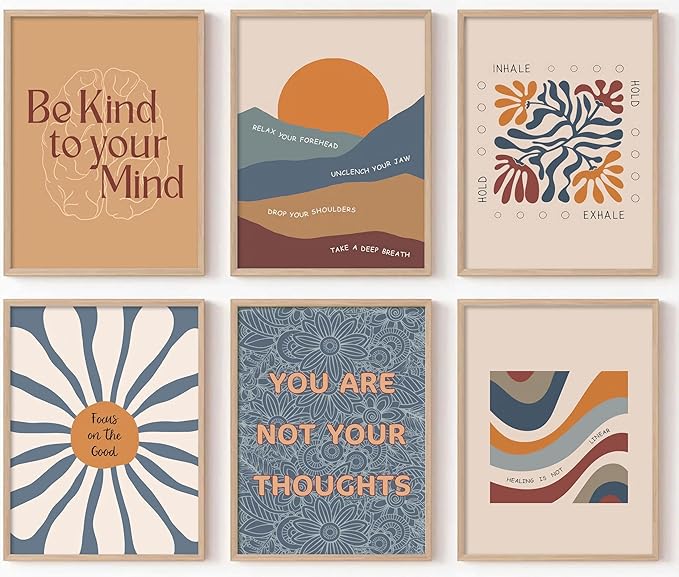 6Pcs Motivational Office Wall Art Mental Health Canvas Painting Psychology Therapy Office Wall Decor Boho Style Inspirational Pictures Positive Quotes Posters Prints for Home Counseling Unframed