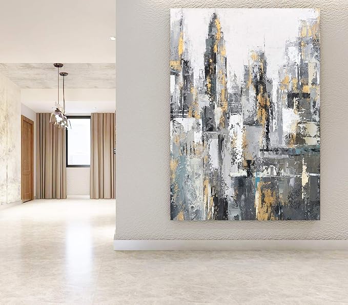 Yihui Arts Modern Abstract Chicago City Canvas Wall Art Pictures with Gold Foil for Dining Decoration