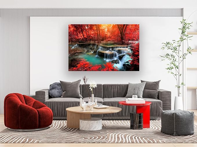 Muolunna BK03969 Wall Art Decor Canvas Print Picture Red Forest Waterfalls 1 Piece Modern Landscape Tree for Living Room Bedroom Kitchen Office Home Decorations Stretched and Framed Ready to Hang