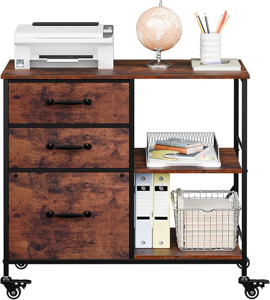 JungleA 3 Drawer Mobile File Cabinet, with 3 Fabric Drawers and 2 Shelves, Mobile Storage Organizer Cart for Office, Study Room, Library, Burnt Texture