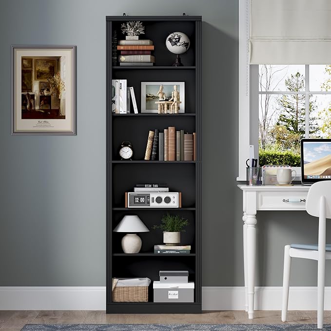 75" Tall Bookshelf, 6-Tier Floor Standing Bookcase with 2 Adjustable Shelves, 24" Wide Open Storage Shelf, Modern Display Organizer for Home Office, Living Room, Bedroom, Study