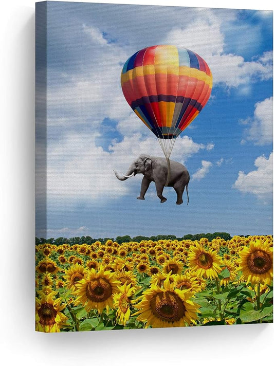 Smile Art Design Elephant with Balloon and Sunflower Field Motivational Wall Art Canvas Print Inspirational Wall Art Entrepreneur Quote Office Living Room Decor Artwork Gift Ready to Hang 40x30
