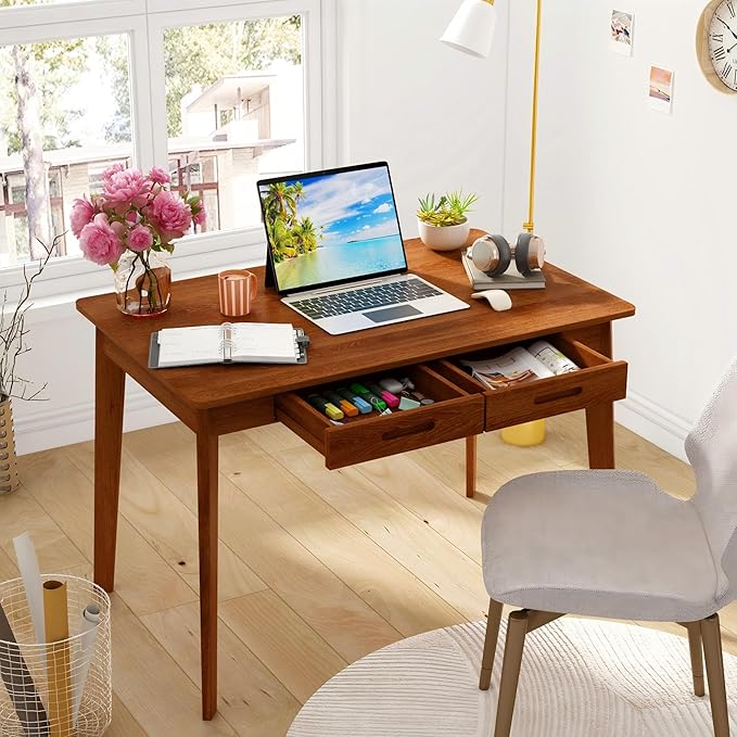 Home Office Computer Desk Coner Desk with 2 Drawers, Study Writing Table for Home Office, Study, Honey Wood (39.3 ”W x 23.6”D x 29.1”H)