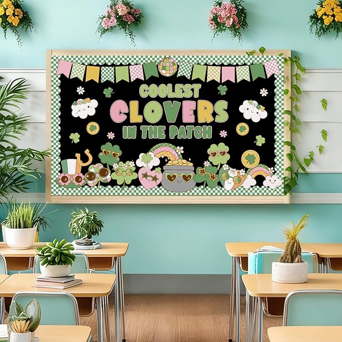 St. Patrick's Day Bulletin Board Set Classroom Decorations Irish Clover Bulletin Board Decorations Lucky Shamrock Cutouts for Bulletin Board St.Patrick’s Party Supply Classroom Chalkboard Wall Decor