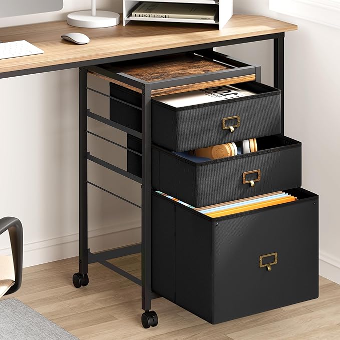 IDEALHOUSE File Cabinet with 3 Drawer, Mobile Filing Cabinet for Home Office Fits Letter Size or A4, Fabric Vertical File Cabinet on Wheels, Home Office Small Under Desk Storage Cabinet, Rustic Black