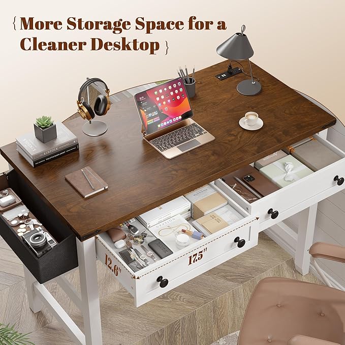 EnHomee 40" Computer Desk with Drawers, Small Desk with Power Outlets for Bedroom and Home Office, Writing Desk with Drawers and a Side Pocket, Vanity Desks for Bedroom, Brown+White