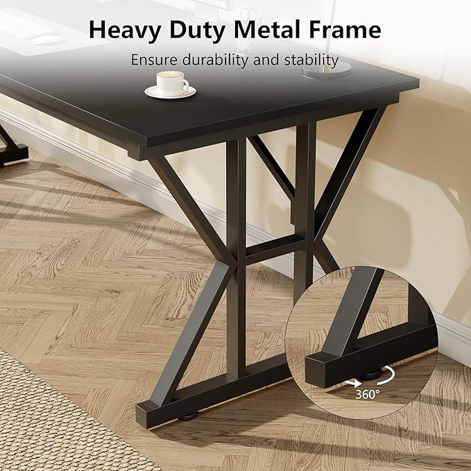 TVU Computer Desk, 55 inch Large Office Desk, Study Writing Table with Thicken Frame, Gaming Desk, Modern Simple Desk for Home Office, Black