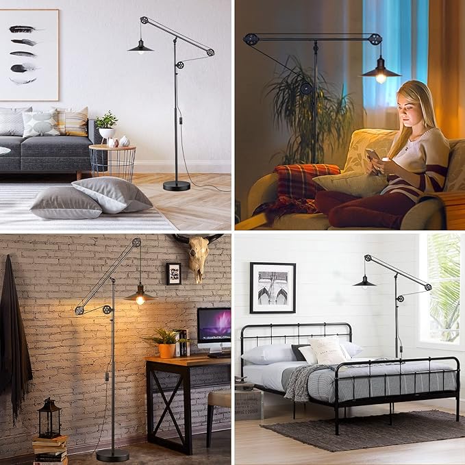 Adjustable Industrial Floor Lamps for Living Room - Rustic Reading Lamp with Pulley System, Modern Farmhouse Indoor Pole Task Lamp, Vintage Tall Standing Lamps for Bedroom Office, Blackened Bronze
