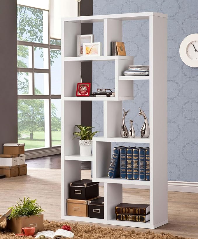 Coaster Home Furnishings - Theo - Engineered Wood with Paper Lamination - 6-Shelf Bookshelf with Geometric Design - Transitional - Home Office and Living Room - 71-Inch - White - 800136