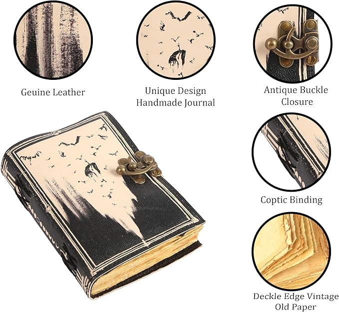 TUZECH Book of Spells Leather Bound Journal Deckle Edge Paper Grimoire Printed Diary Third Eye witchcraft supply and Witch Spell Notebook Antique Vintage Book for Men and Women (The Necromancy)