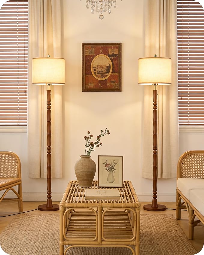 65" Solid Wood Floor Lamps for Living Room with Adjustable Color Temperatures, Farmhouse Floor Lamp with Pull Chain Switch, Tall Standing Lamp for Bedroom, Dining Room, Rustic Brown VE26LD05
