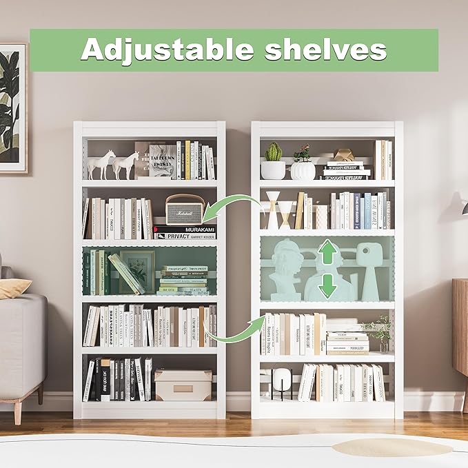 61'' Tall Metal Bookcase,Modern 5 Tier Bookshelf,White Open Adjustable Bookcases,Large Heavy Duty Display Bookshelves for Library,Office,Bedroom,Living Room