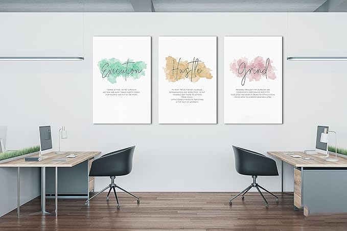 SHMAO Office Canvas Wall Art Motivational Wall Decor, 3 Piece Execution Hustle Grind Print Pictures for Office Wall Decor Women Inspirational Framed Artwork Home Office Decor 24”x36”x3 Panels