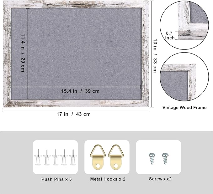 Gray Felt Bulletin Board, 17x13 inches Decorative Hanging Bulletin Boards for Walls with White Rustic Wood Frame, Pin Board Vision Board for Office Home School with Pins (4333,WH,1pc)