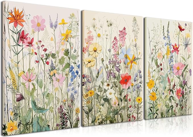 KISSFOX 3 Piece Watercolor Flower Framed Wall Art Decor Colorful Botanical Wildflower Pictures Paintings Wall Decor Modern Minimalist Floral Canvas Art Prints Artwork For Bedroom Living Room Bathroom