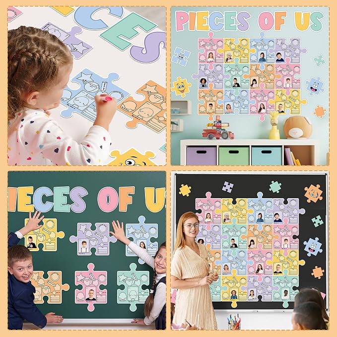 Pieces of Us Bulletin Board Set Puzzle Self-introduction Themed Classroom Bulletin Board Decorations All About Me Cutouts Classroom Decorations for Back to School Office Home Chalkboard Decor W