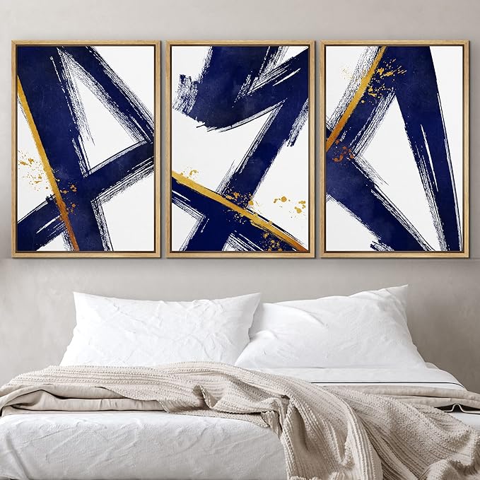 IDEA4WALL Framed Canvas Print Wall Art Set Blue Gold Geometric Graffiti Paint Stripes Abstract Shapes Illustrations Modern Art Contemporary for Living Room, Bedroom, Office - 16"x24"x3 Natural
