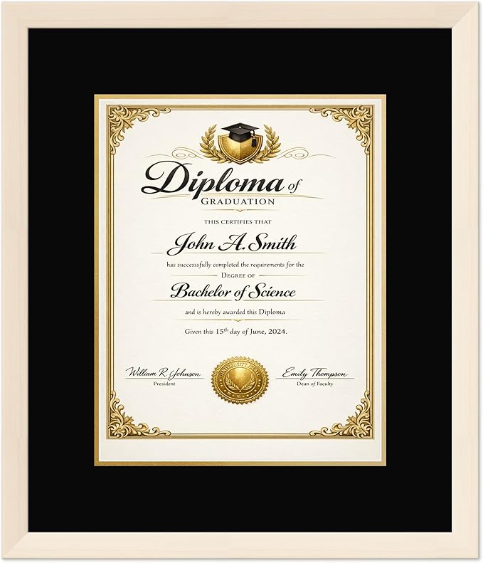 CountryArtHouse Diploma Frame Fits 11 x 14 College Diploma (Portrait) - Keepsake Graduation Display Coastal Whitewash Genuine Hardwood with Black Over Metallic Gold Double mat