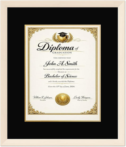 CountryArtHouse Diploma Frame Fits 11 x 14 College Diploma (Portrait) - Keepsake Graduation Display Coastal Whitewash Genuine Hardwood with Black Over Metallic Gold Double mat