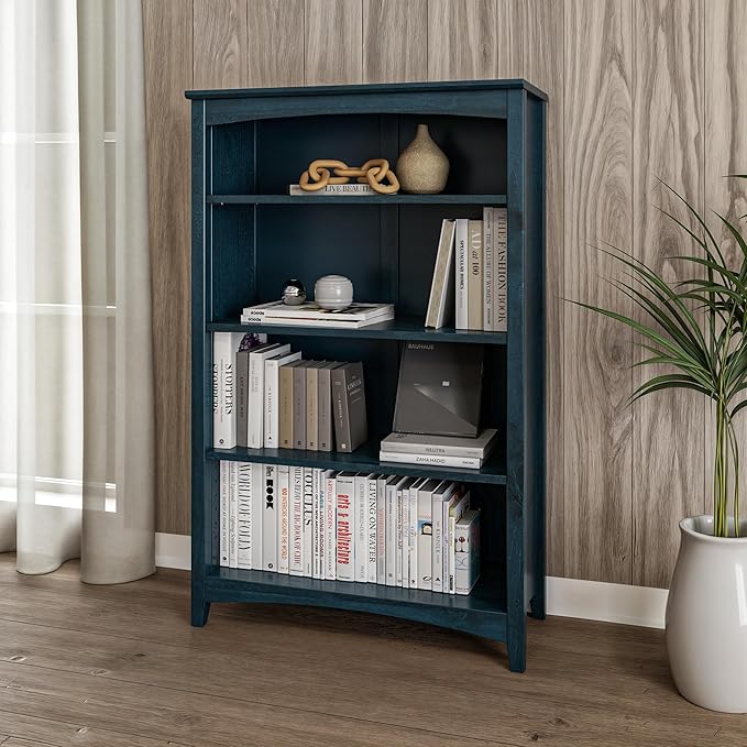 Camaflexi Shaker Style 4 Shelf Bookcase/Solid Wood / 48" High/Adjustable Shelving/Closed Back/Display Bookshelf for Living Room, Bedroom, Home and Office, Deep Ocean Blue