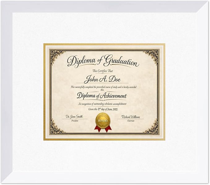 Diploma Frame Bright White with Oyster Shell Over Gold Double Mat - Fits 10 x 8 Professional License Wall Display Made in the USA
