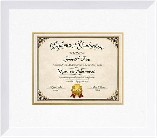 Diploma Frame Bright White with Oyster Shell Over Gold Double Mat - Fits 10 x 8 Professional License Wall Display Made in the USA