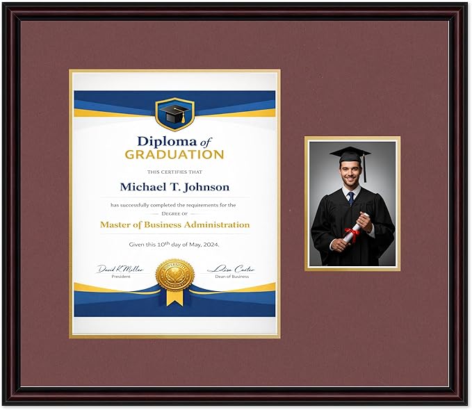Diploma Frame With Photo Opening Executive Brown Dark Red Over Gold Mat - Fits 11 x 14 Degree and Picture Made in the USA