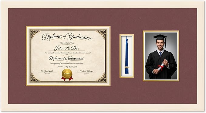 Diploma Tassel and Photo Frame Coastal Whitewash Shadowbox Dark Red Over Gold Mat - Fits 11.69 x 8.27 Degree Picture Made in the USA