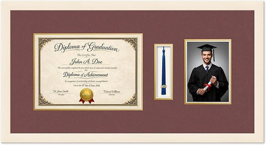 Diploma Tassel and Photo Frame Coastal Whitewash Shadowbox Dark Red Over Gold Mat - Fits 11.69 x 8.27 Degree Picture Made in the USA