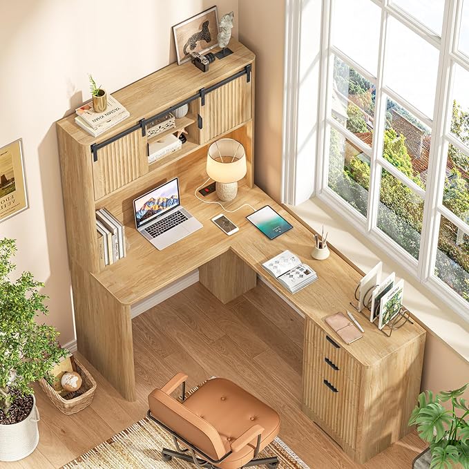 68" L Shaped Fluted Desk with Hutch,Office Table with 3 Drawers and Sliding Doors, Executive Desk with File Drawers and Charging Station,Light Strips, Wood Workstation for Home Office,Oak