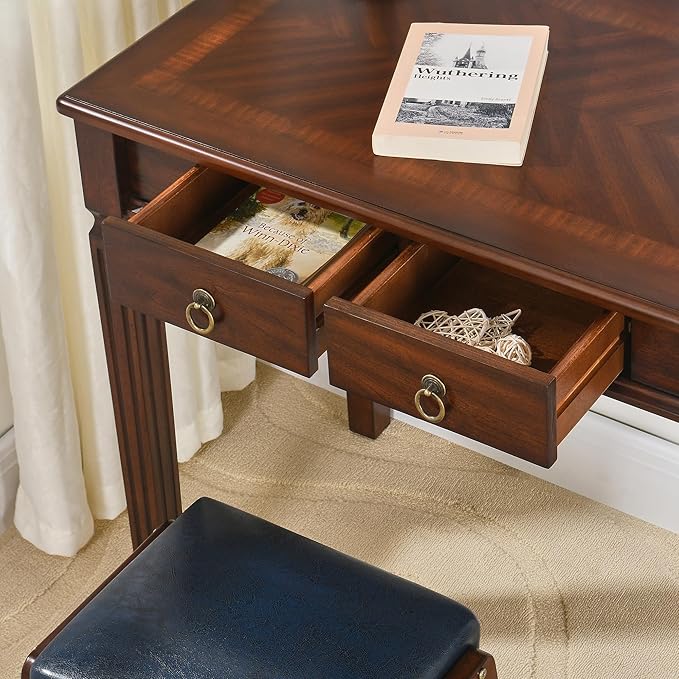 Small Computer Writing Desk with 2 Storage Drawers, 31.5"W Vanity Dressing Desk, French Provincial Corner Desk Table with Carved Legs, Solid Wood Accent Table, Easy Assembly, Dark Cherry SSZ-D1258