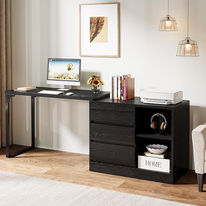 Tribesigns L-Shaped Computer Desk with Drawers and Shelves, Reversible Corner Office Desk with Storage Cabinet, Modern Study Writing Table for Home Office, Bedroom (Black)