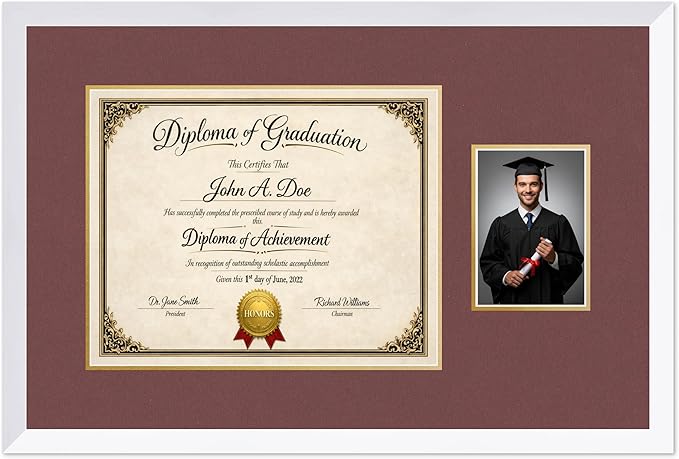 Diploma Frame With Photo Opening Bright White Dark Red Over Gold Mat - Fits 15 x 12 Degree and Picture Made in the USA