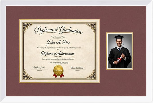 Diploma Frame With Photo Opening Bright White Dark Red Over Gold Mat - Fits 15 x 12 Degree and Picture Made in the USA