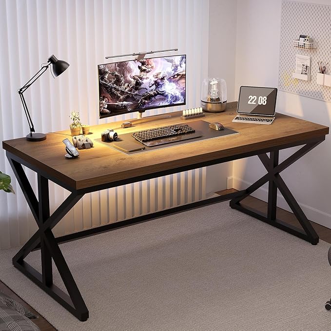 IBF Rustic Office Desk Table, Industrial Long Wood Computer Desk for Home Office, Modern Large Wide Simple Pc Gaming Workstation Executive Writing Desks Big Table for Work Study, Rustic Oak, 60 Inch