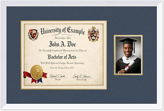 CountryArtHouse Fits 15 x 12 Military/Government and 5 x 7 Photo Diploma and Photo Frame Bright White Genuine Hardwood with Navy Blue Over Metallic Gold Double mat