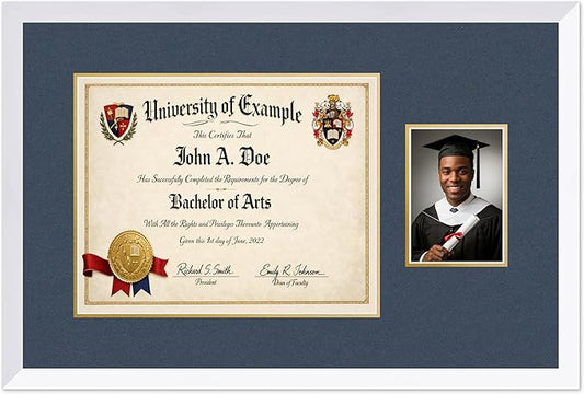 CountryArtHouse Fits 15 x 12 Military/Government and 5 x 7 Photo Diploma and Photo Frame Bright White Genuine Hardwood with Navy Blue Over Metallic Gold Double mat