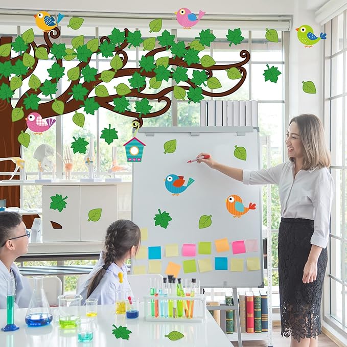Pajean 58 Pcs Classroom Tree Bulletin Board Set Trees Cutouts Border Set with Leaves, Bird and Bird House Tree Bulletin Board Cutouts Classroom Decorations for Boards, Chalkboards, Wall