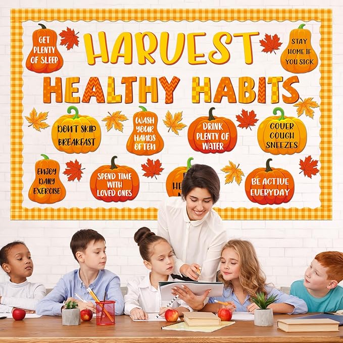 Fall Pumpkin Healthy Bulletin Board Decorations Autumn Pumpkin Health Theme Paper Cutouts Fall Healthy Habits Bulletin Board Border Set for School Chalkboard Wall Decor Supplies