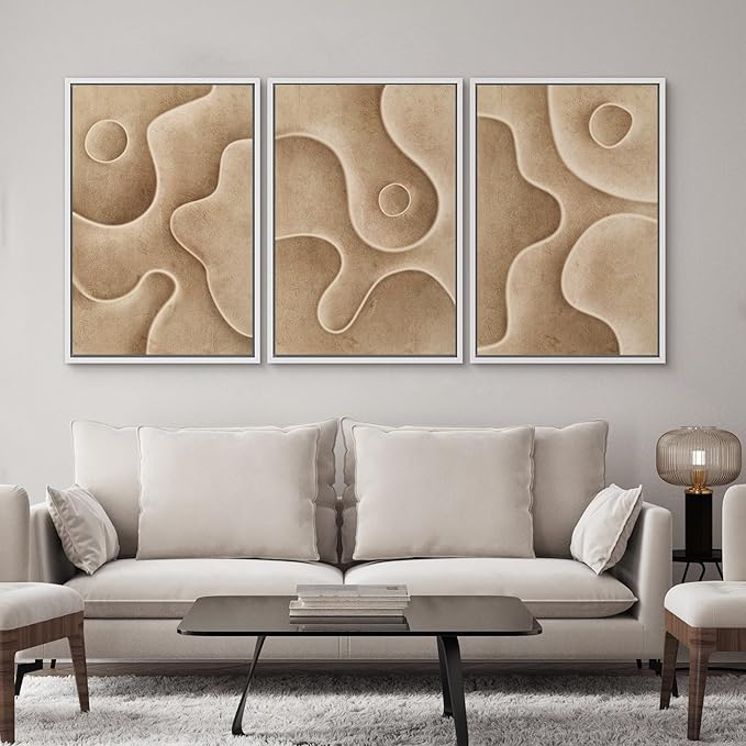 SIGNWIN Framed Canvas Print Wall Art Set Textured Sand Art Organic Curved Shapes in Neutral Tones Illustrations Modern Art Decorative Abstract for Living Room, Bedroom, Office - 24"x36"x3 White