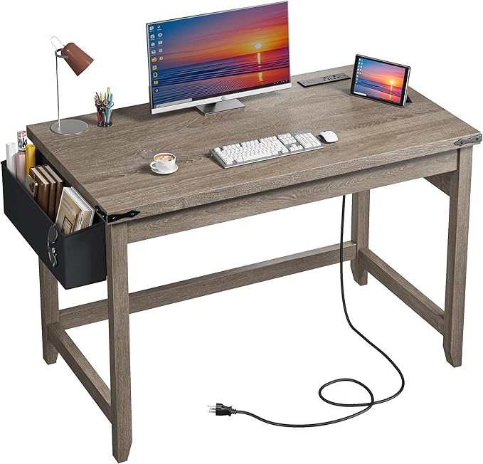 EnHomee 40 Inch Small Desk with Storage Bag Detachable, Gaming Desk with Power Outlet, Modern Simple Home Office Desk and Writing Desk for Small Spaces, Study Desk for Bedroom,Ash Gray