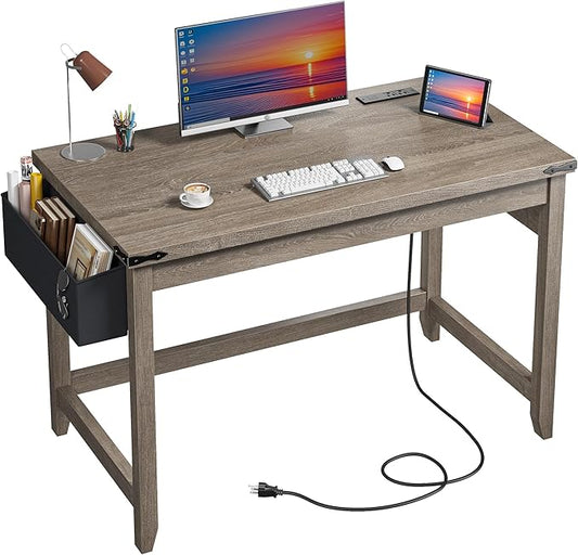 EnHomee 40 Inch Small Desk with Storage Bag Detachable, Gaming Desk with Power Outlet, Modern Simple Home Office Desk and Writing Desk for Small Spaces, Study Desk for Bedroom,Ash Gray